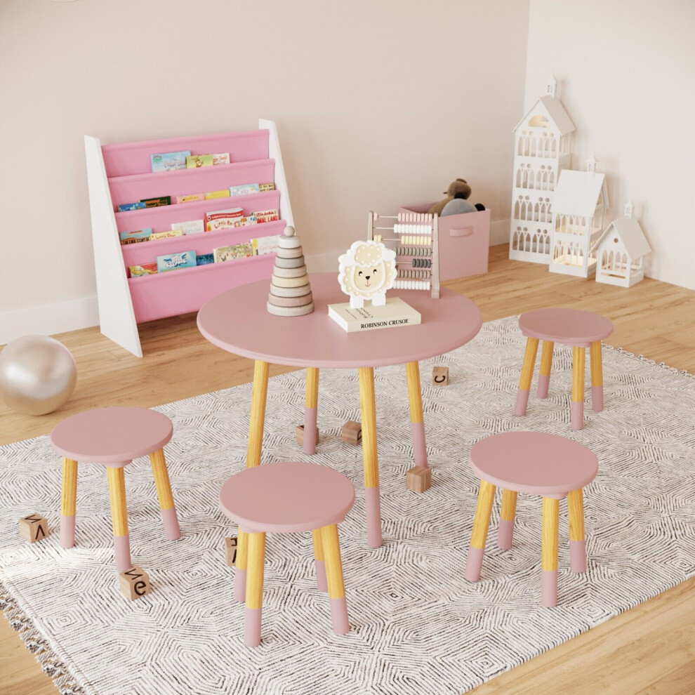 (Table with 4 Stools, Pink) Kids Wooden Round Table & Chair Set Toddlers Small Children Home Nursery Play