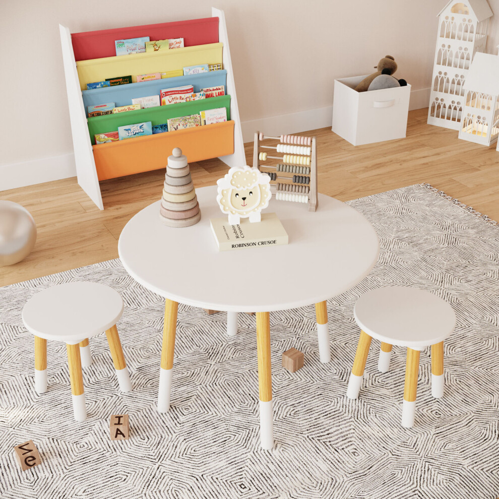 (Table with 2 Stools, White) Kids Wooden Round Table & Chair Set Toddlers Small Children Home Nursery Play