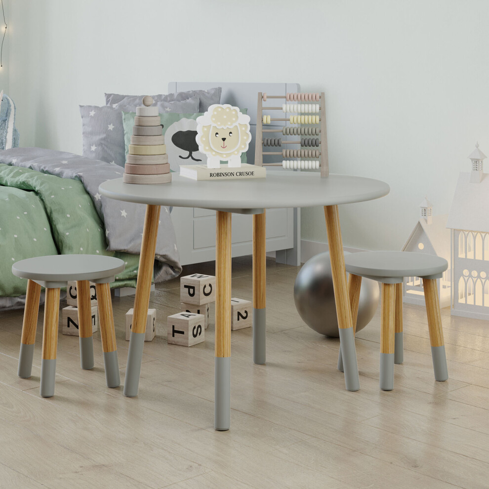 (Table with 2 Stools, Grey) Kids Wooden Round Table & Chair Set Toddlers Small Children Home Nursery Play