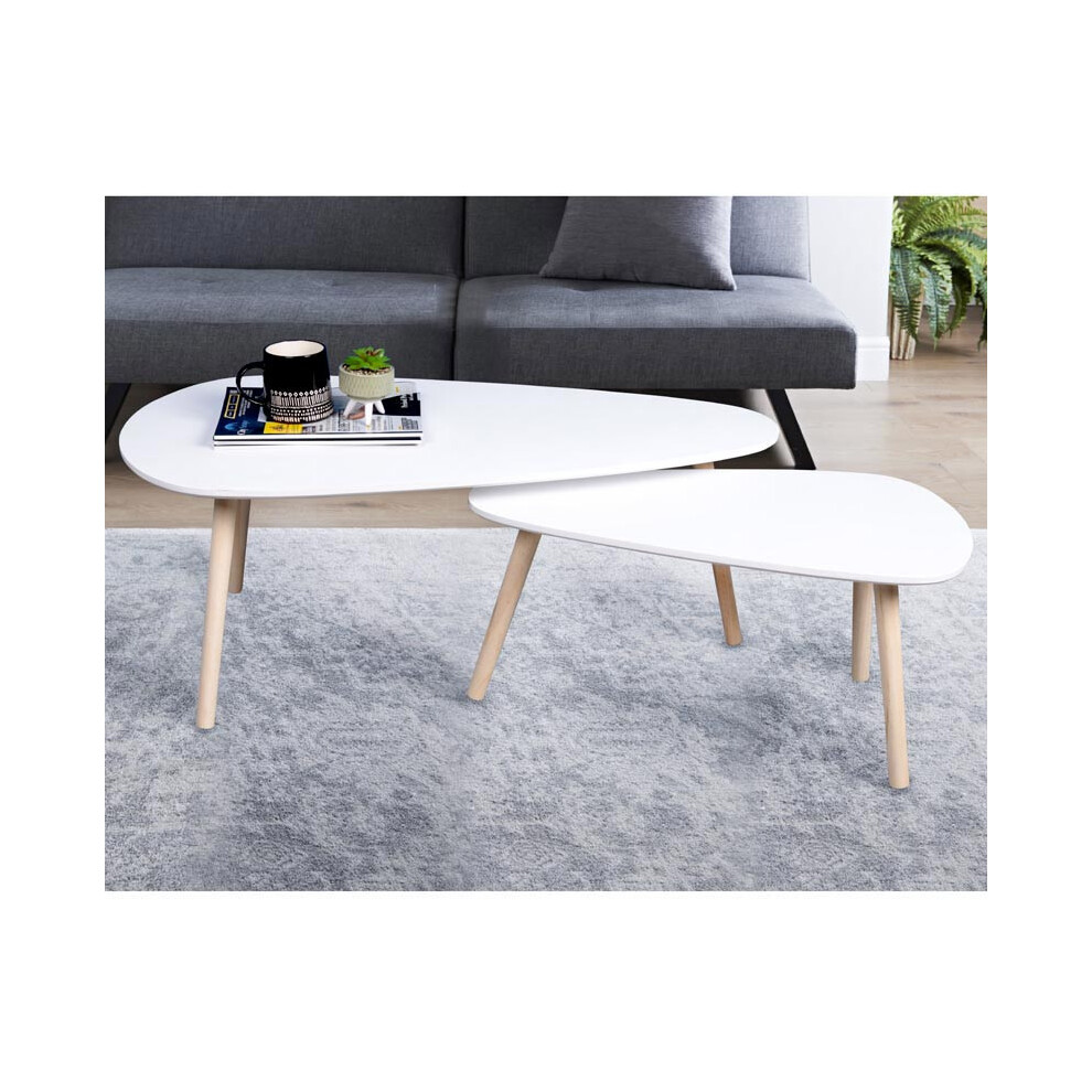 Nest of 2 Coffee Tables Tear Shape White With Pine Legs Livingroom
