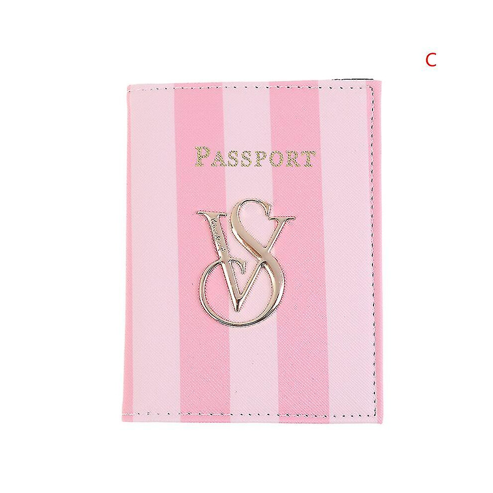 (C) Signature Striped Women Passport Holder Wallet Floral Card Case Pu Leather