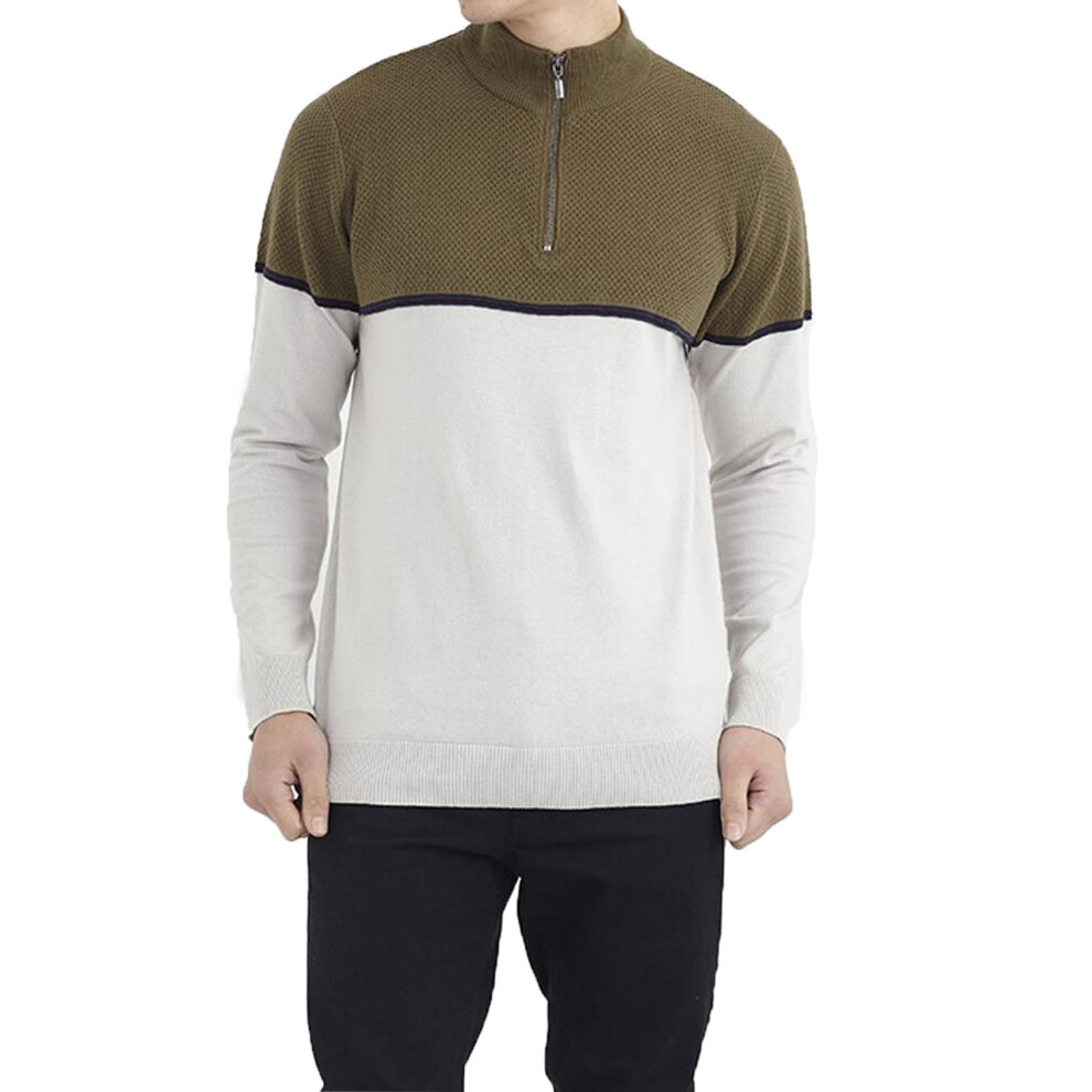 (Khaki Stone, S) Mens Sweatshirts High Neck Partial Zip Casual Tops