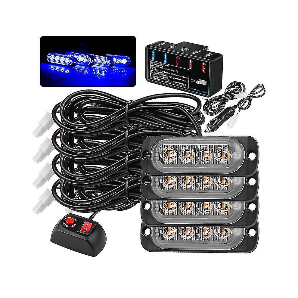 (Blu ) 4 In 1 Car Led Flashing 16W 18 Mode Truck Side Warning Led Strobe Flash Vehicle Light 8994439787811