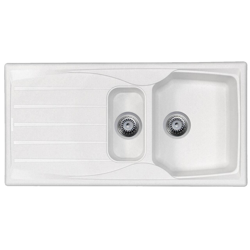 White 1.5 Bowl Kitchen Sink With Reversible Drainer And Strainer Waste Kit