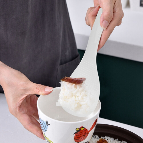 Kitchen Dotted White Plastic Flat Rice Scoop Paddle Meal Spoon 1