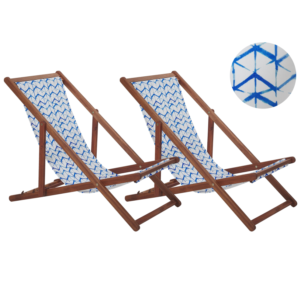 Set of 2 Acacia Folding Deck Chairs and 2 Replacement Fabrics Dark Wood with Off-White / White and Blue Pattern ANZIO