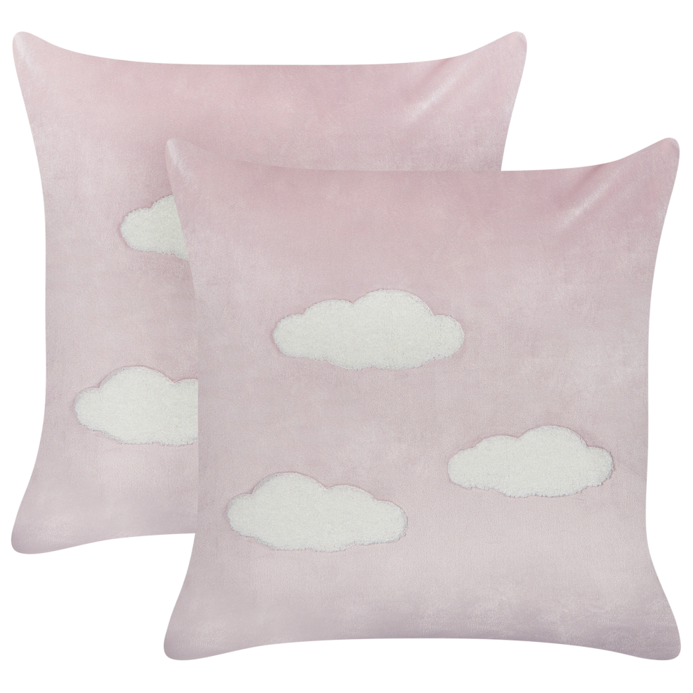 Set of 2 Velvet Embroidered Cushions Clouds Pattern 45 x 45 cm Pink IPOMEA