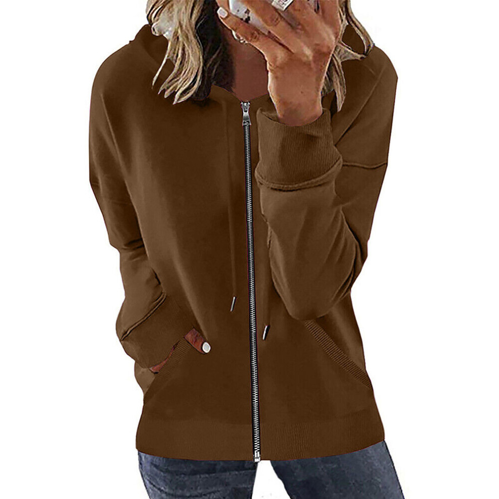 Sweat À Capuche Zippé À Manches Longues Pour Femme Avec Poches-Marron-XL