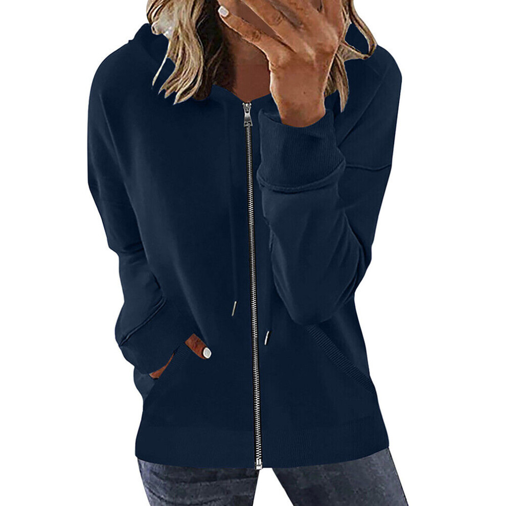 Sweat À Capuche Zippé À Manches Longues Pour Femme Avec Poches-Bleu foncé-S