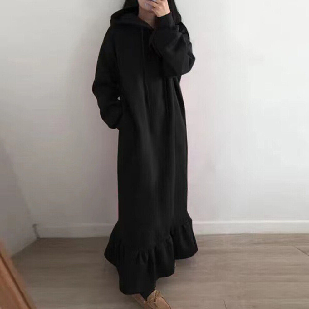 Sweat Ã Capuche Et Maxi Robes En Polaire Unies Pour Femmes Taille/Ã Volants-Noir-M