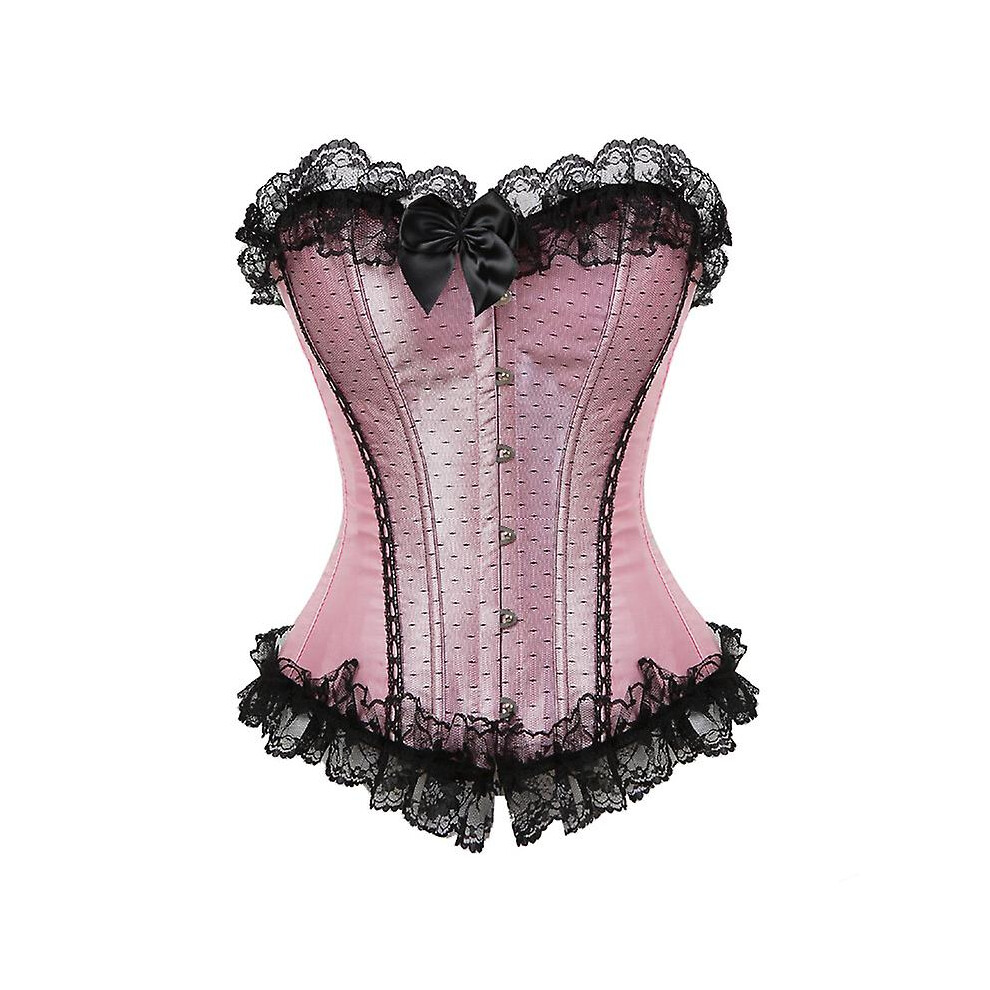(pink 7, XL) Sexy Satin Overbust Corset Top Lace Bowknot Decorated Clubwear Showgirl Body Shaper Plus Size