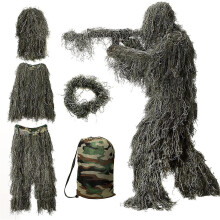 (Green, 1.8m) 5 In 1 Ghillie Suit, 3d Camouflage Hunting Apparel Including Jacket, Pants, Hood, Carry Bag