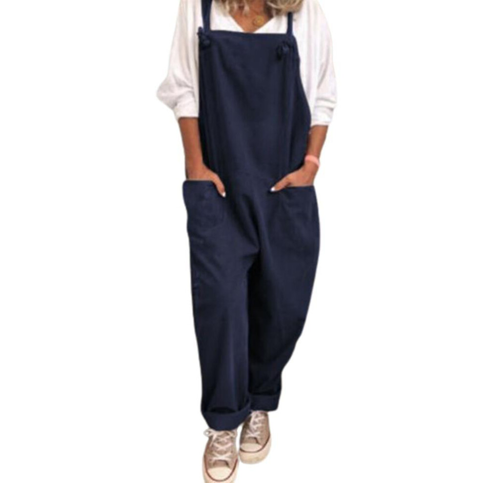 (Deep Blue, 4XL) Womens Summer Overalls Pockets Dungarees Linen Playsuit Casual Loose Romper Sleeveless Jumpsuit-image-OPC-PFWWG5N-NEW