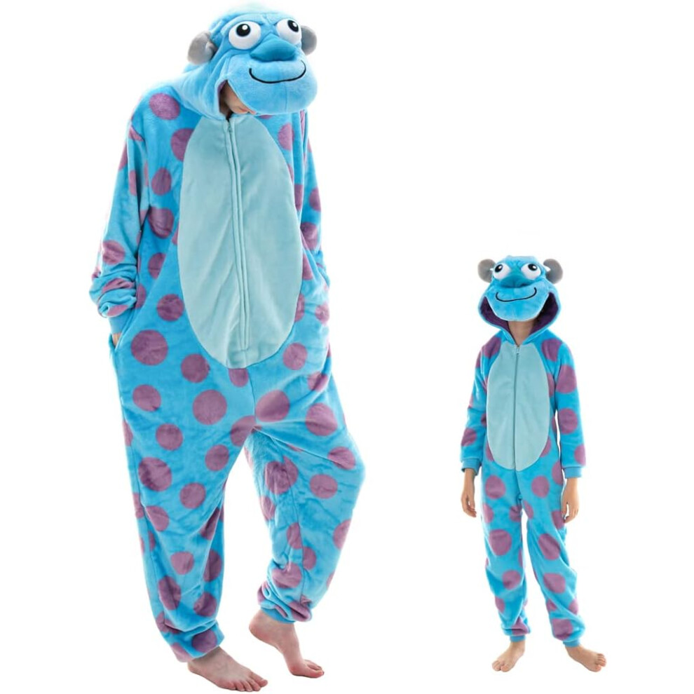(Kids 140) Sulley Snug Fit Unisex Adult Onesie Pajamas James P. Sullivan Flannel Cosplay Animal One Piece Halloween Costume Sleepwear Homewear