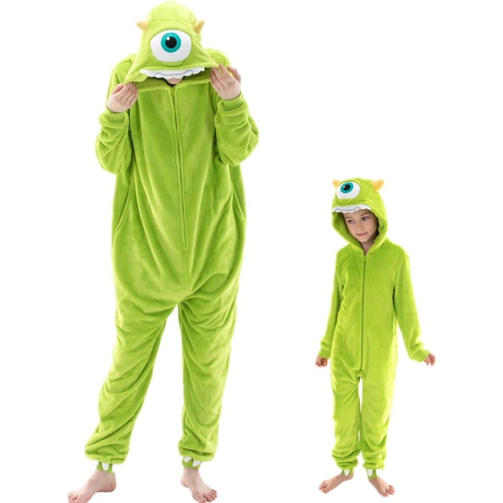 (Kids 140) Mike Wazowski Snug Fit Unisex Adult Onesie Pajamas Flannel Cosplay Animal One Piece Halloween Costume Sleepwear Homewear