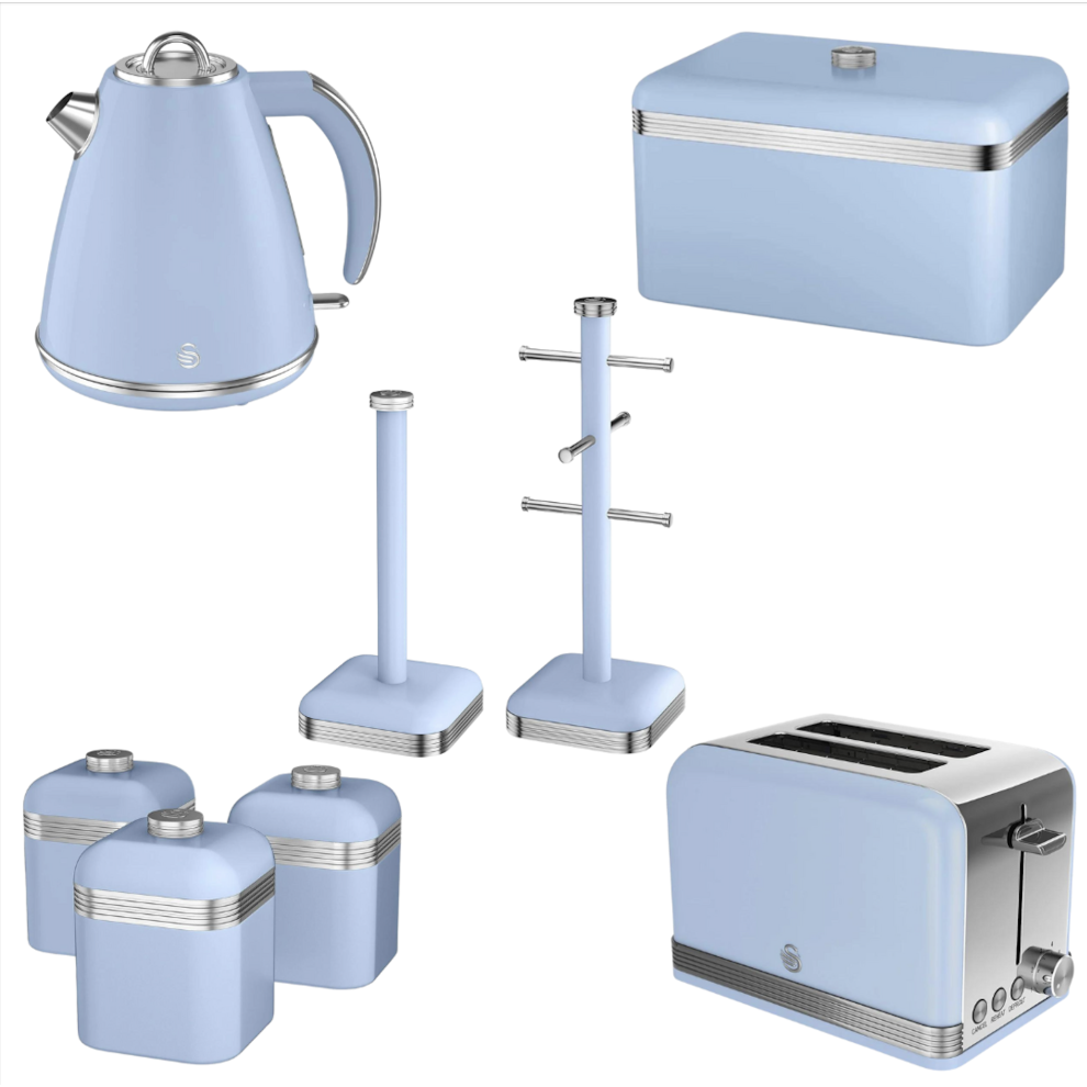Swan Retro Blue 8pc Kitchen Kettle 2 Slice Toaster Bread Bin Canisters