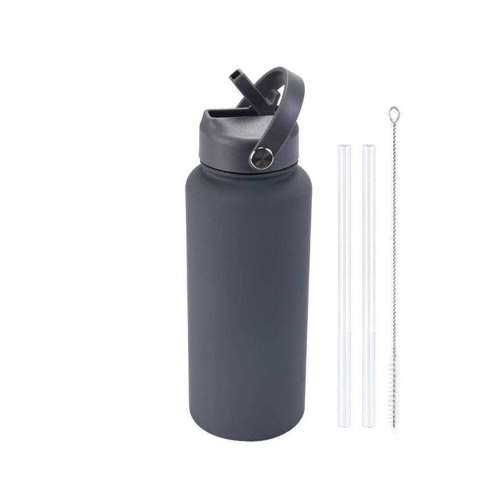 (Dark Gray) 1L Sports THERMOS CUP With Straw And Handle,Thickened Stainless Steel Vacuum Flasks,Wide Mouth Drinkware,Travel Water Bottle-image-OPC-PFWWS7J-NEW