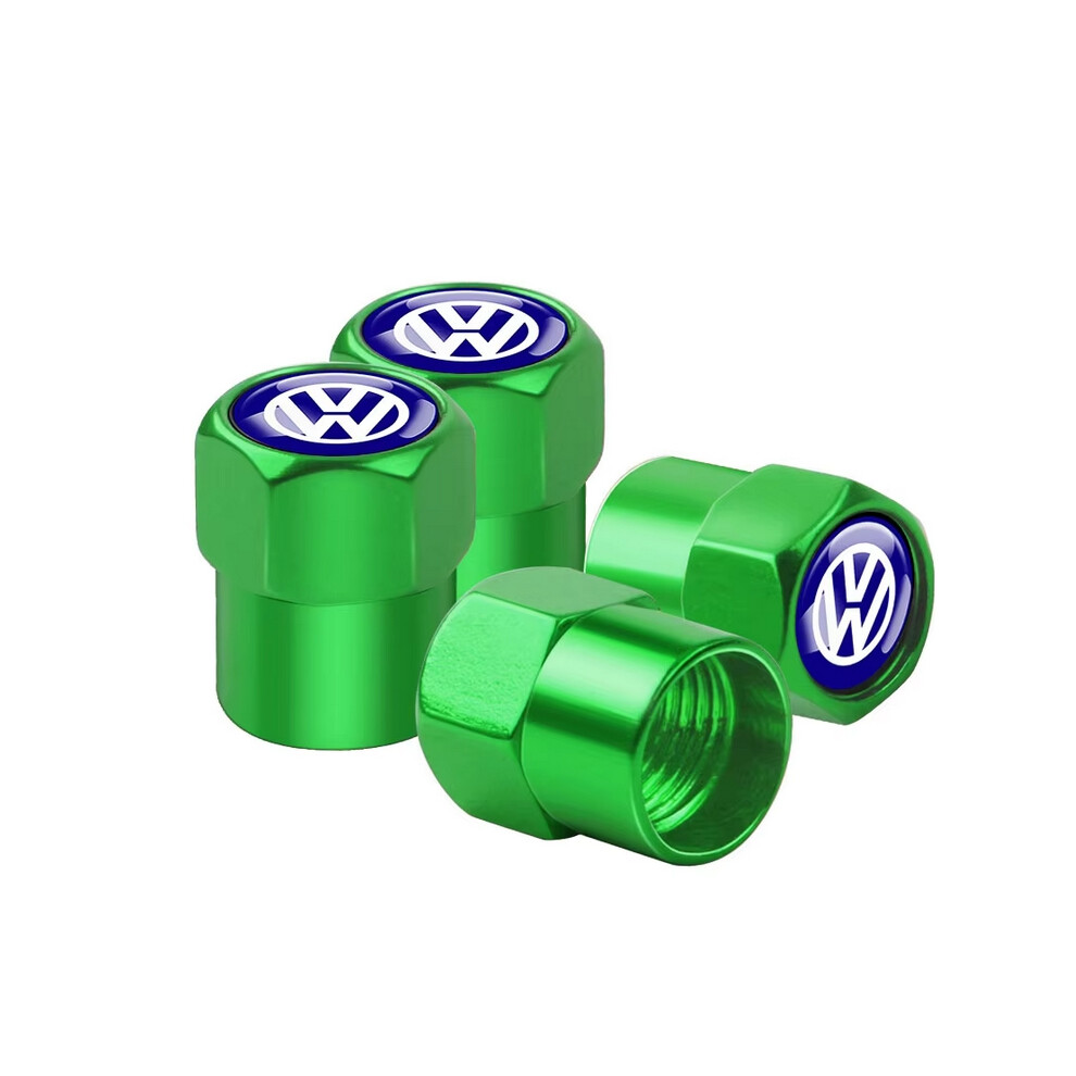 (Blue VW-green) 4pcs Car Wheel Tire Valve Caps Stem Case With Logo Auto Styling For Volkwagen VW R-line GTI UPi Golf Passat Jetta Touran CADDY