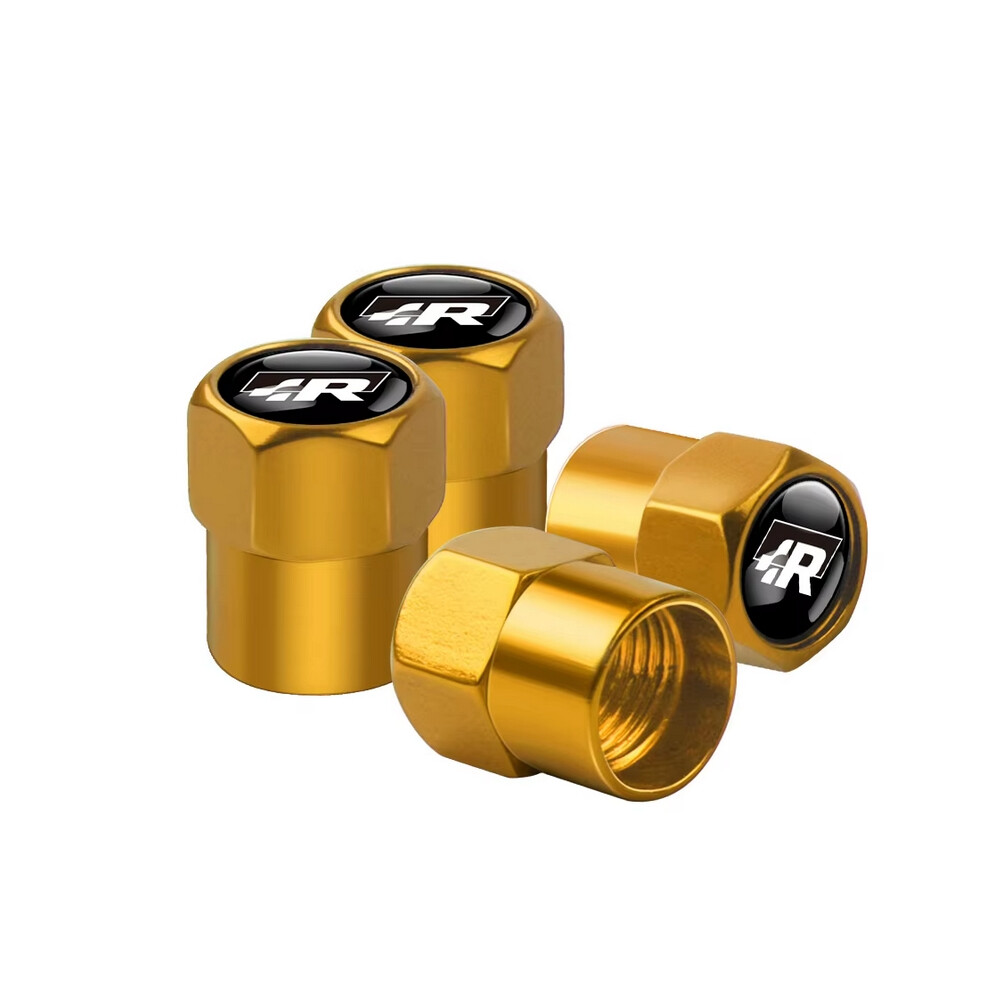 (R New-gold) 4pcs Car Wheel Tire Valve Caps Stem Case With Logo Auto Styling For Volkwagen VW R-line GTI UPi Golf Passat Jetta Touran CADDY-image-OPC-PFWWV85-NEW