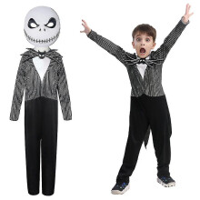 (3-4 Years) 3-14 Years Kids Halloween Nightmare Jack Skellington Cosplay Jumpsuit With Mask