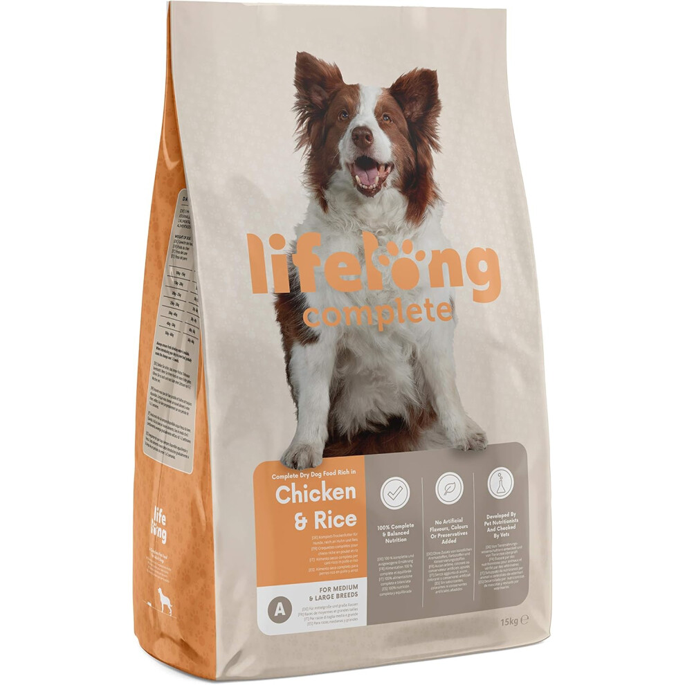 Lifelong - Complete Dry Dog Food Rich In Chicken & Rice For Medium And Large Breeds, 1 Pack Of 15Kg