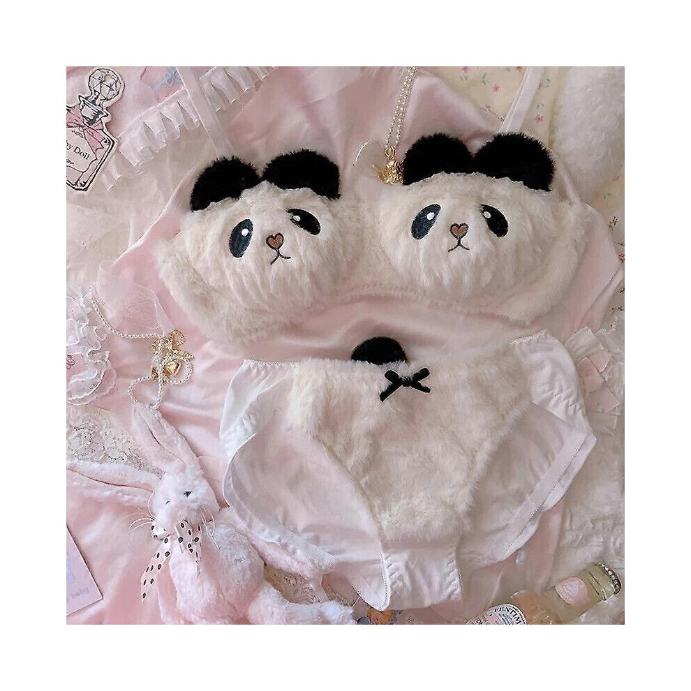 (XL 80B 85AB, White) Sexy Lingerie Cute Panda Underwear Set Bow Plush Trim Push Up Bra & Panties Dres