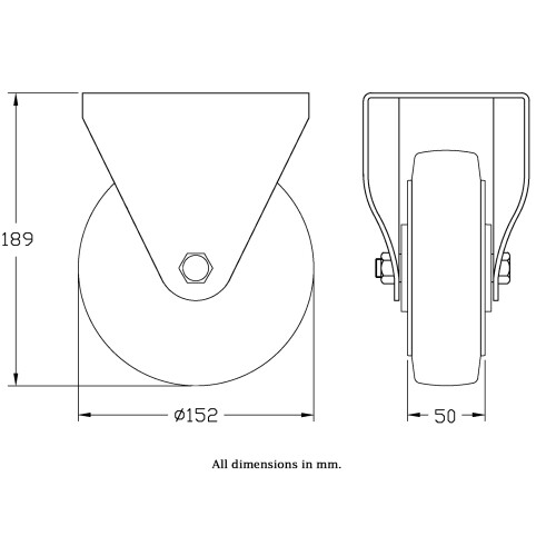 Parnells 152mm fixed castor with black elastic rubber on aluminium centre wheel 1