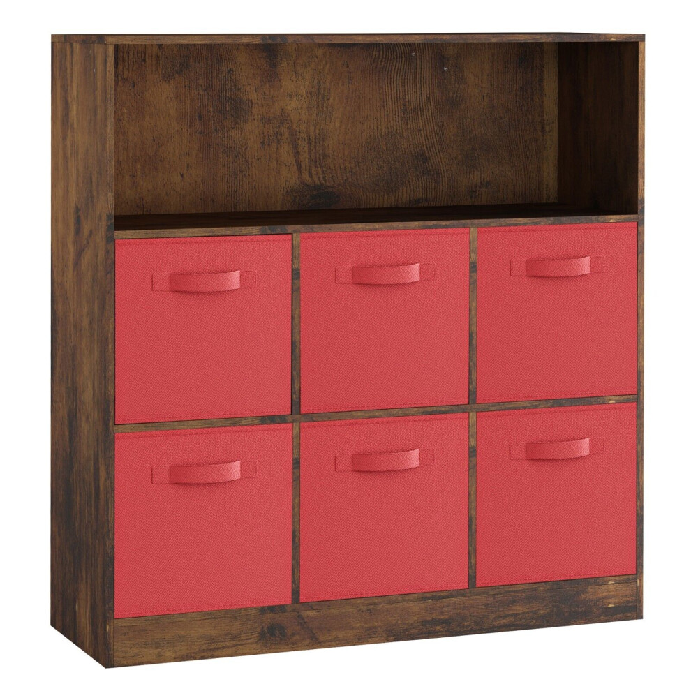Urbn Living (Rustic Brown, Red) Wooden 7 Cubed Bookcase Units Shelves 6 Drawers Red,Brown