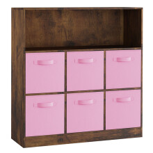 (Rustic Brown, Light Pink) Wooden 7 Cubed Bookcase Units Shelves 6 Drawers