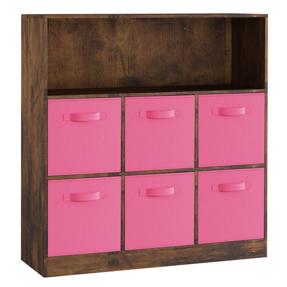 (Rustic Brown, Dark Pink) Wooden 7 Cubed Bookcase Units Shelves 6 Drawers