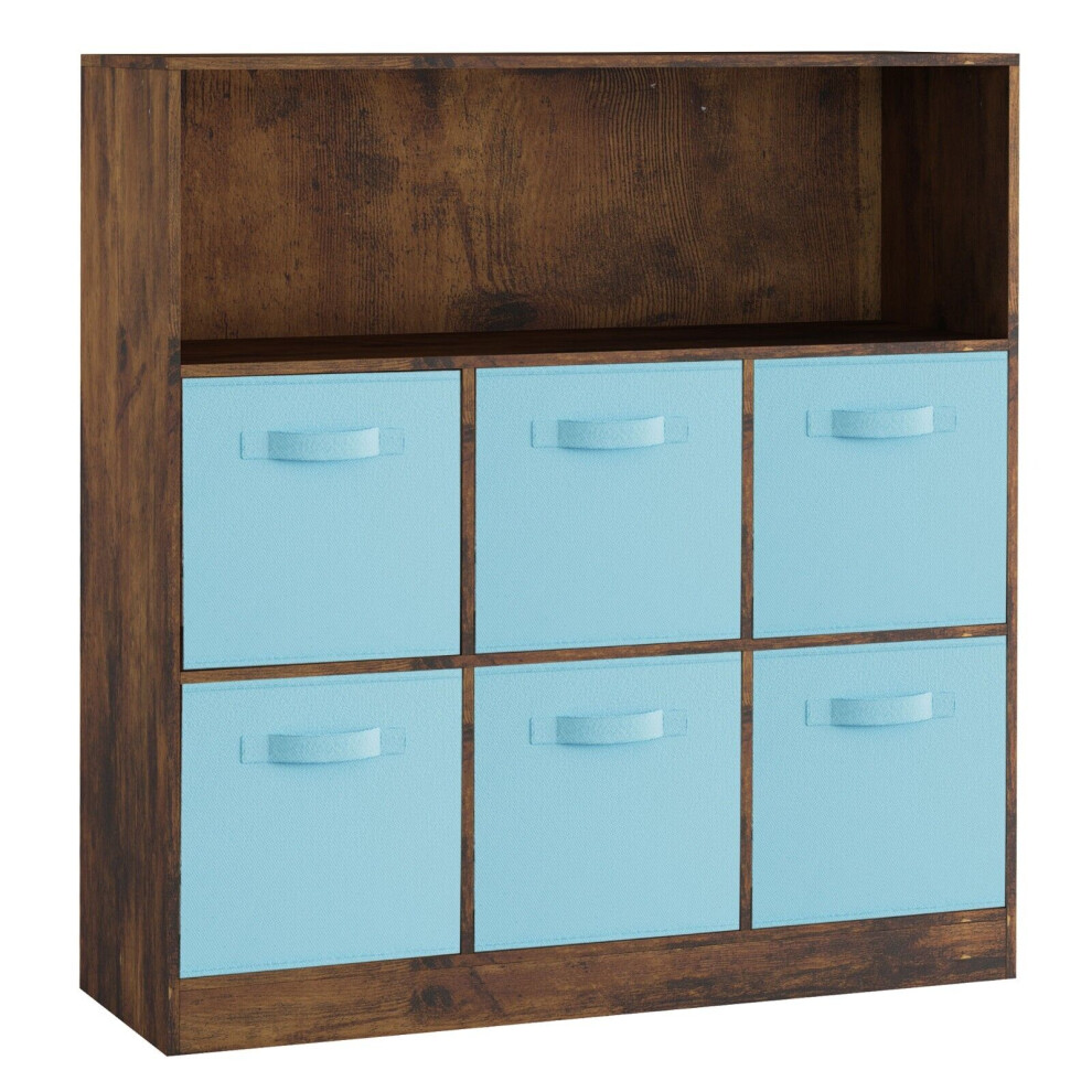 (Rustic Brown, Sky Blue) Wooden 7 Cubed Bookcase Units Shelves 6 Drawers