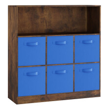 (Rustic Brown, Dark Blue) Wooden 7 Cubed Bookcase Units Shelves 6 Drawers