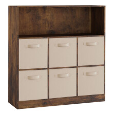 (Rustic Brown, Beige) Wooden 7 Cubed Bookcase Units Shelves 6 Drawers