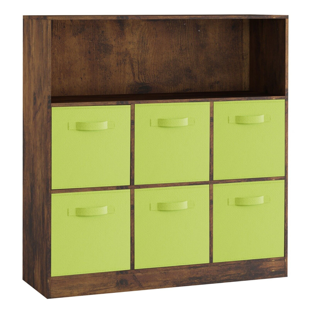 (Rustic Brown, Green) Wooden 7 Cubed Bookcase Units Shelves 6 Drawers