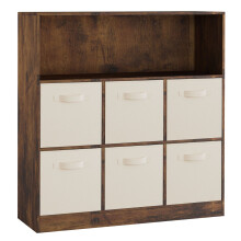 (Rustic Brown, White) Wooden 7 Cubed Bookcase Units Shelves 6 Drawers