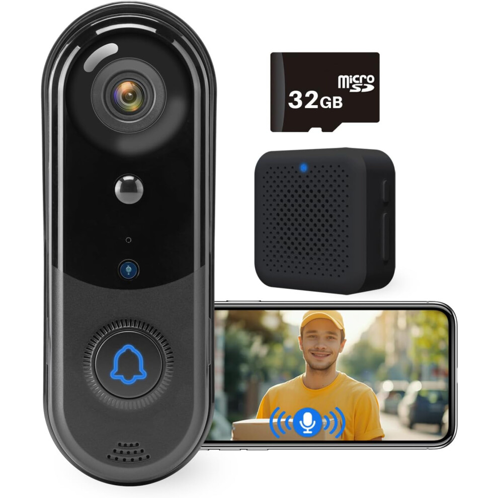 1080P Video Doorbell Camera with 32 GB SD Card, Wireless Doorbell
