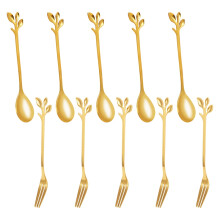 5Spoon+5Forks Stainless Steel Leaf Spoon Fork Dessert Spoons, Golden