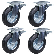 200mm 8" rubber wheel Waste bin castors, swivel/brake - Set of 4