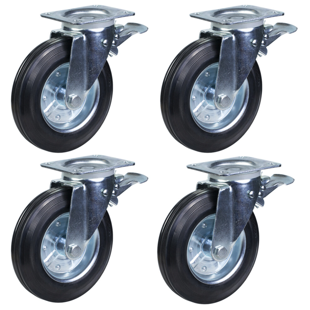 200Mm 8" Rubber Wheel Waste Bin Castors, Swivel/Brake - Set Of 4 5060462566204