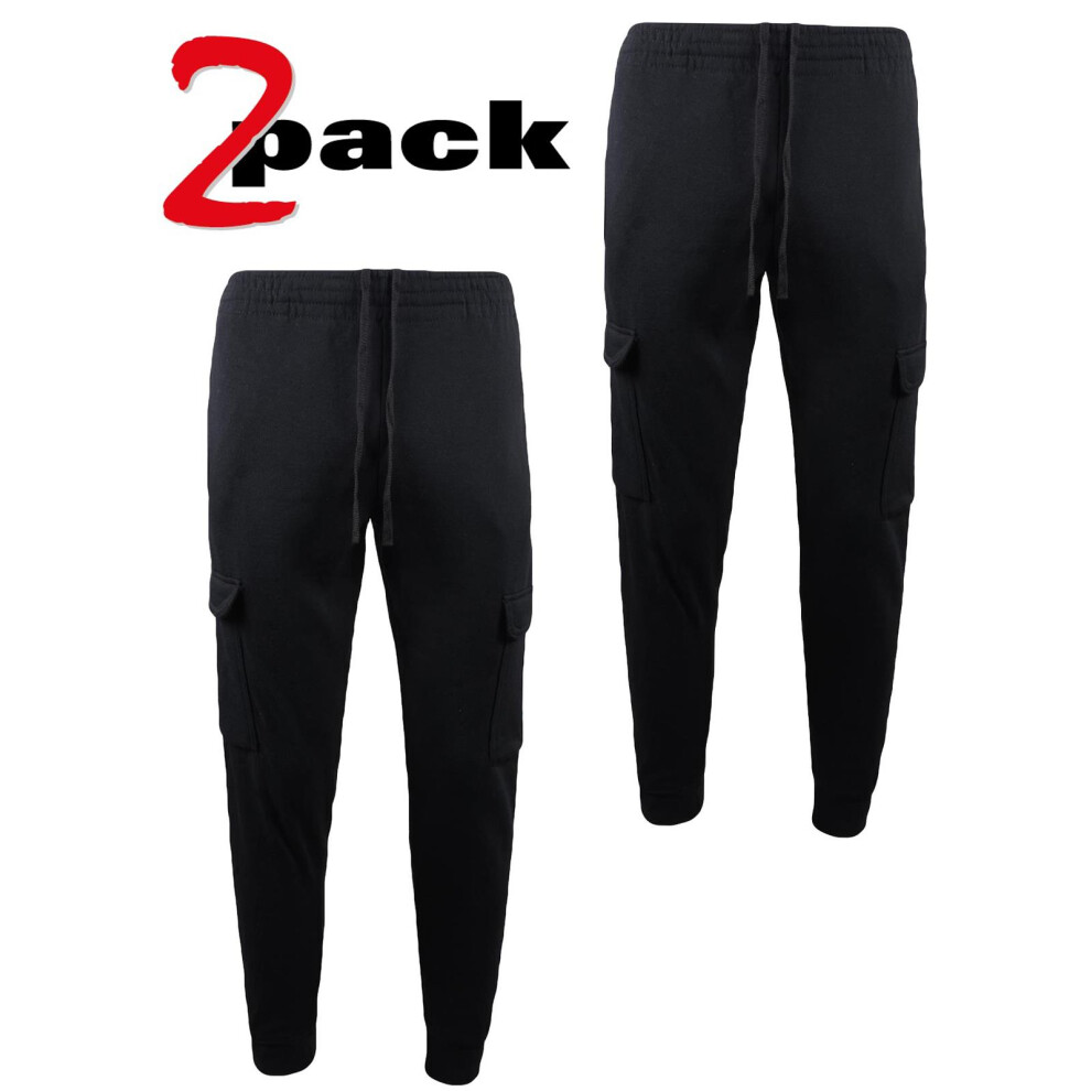 (Black - 2 Pack, 2XL) Mens Cargo Joggers Fleece Jogging Tracksuit Bottom