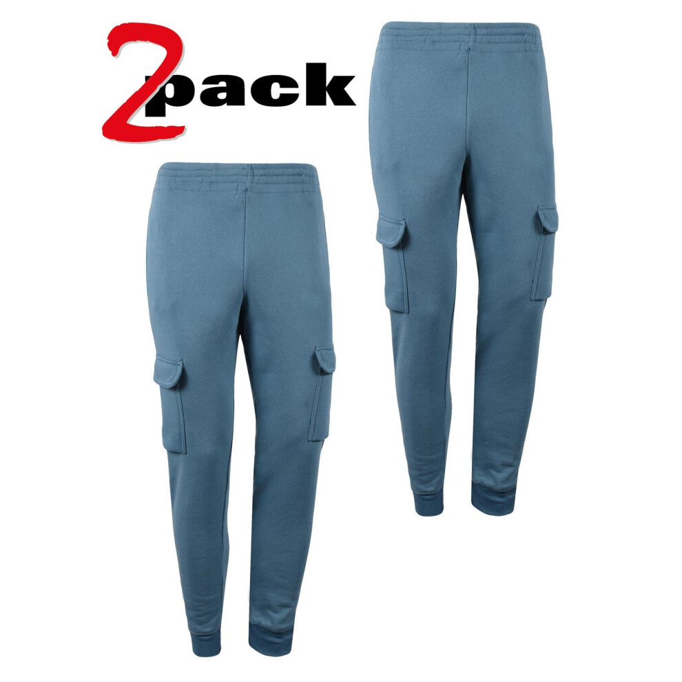 (Blue - 2 Pack, XL) Mens Cargo Joggers Fleece Jogging Tracksuit Bottom