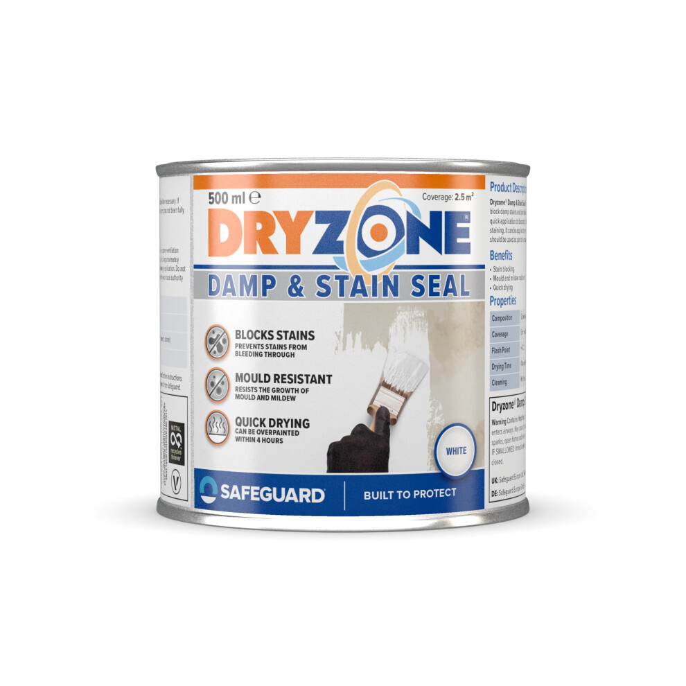 Dryzone White Stain Seal & Damp Proof Paint (500ml, White) - Block Damp, Mould & Stains in One Coat on Plaster, Brick, Cement, Stone Interior Surfaces