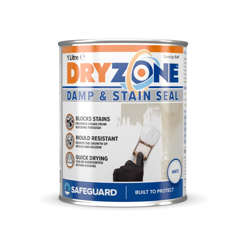 Dryzone White Stain Seal & Damp Proof Paint (1L, White) - Block Damp, Mould & Stains In One Coat On Plaster, Brick, Cement, Stone Interior Surfaces