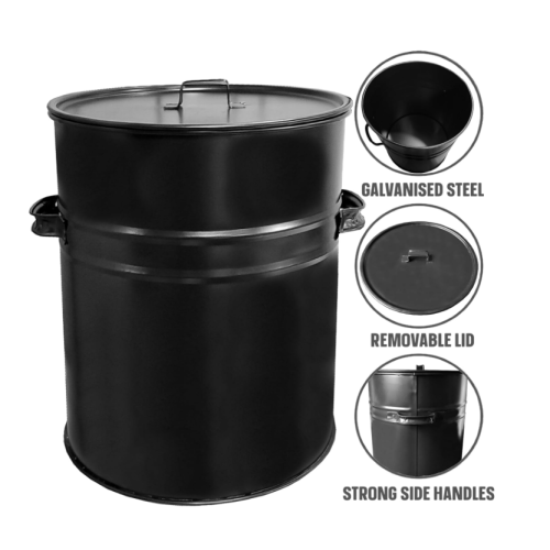 30L Black Fireplace Ash Bin- With Lid and Handles 1