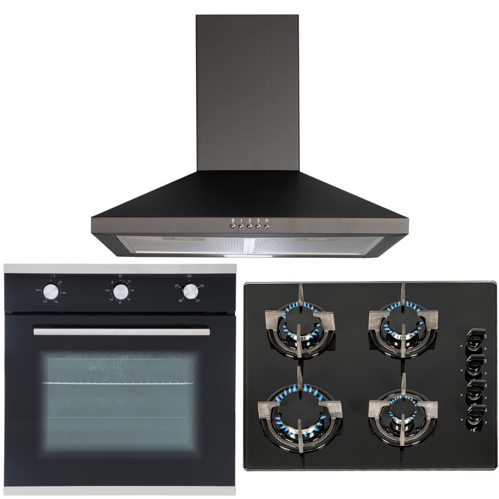 SIA 60cm Black Electric Single True Fan Oven, 4 Burner Gas Hob And Cooker Hood