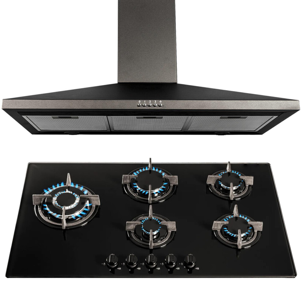 SIA Black 90cm 5 Burner Gas On Glass Hob And Chimney Cooker Hood Extractor Fan