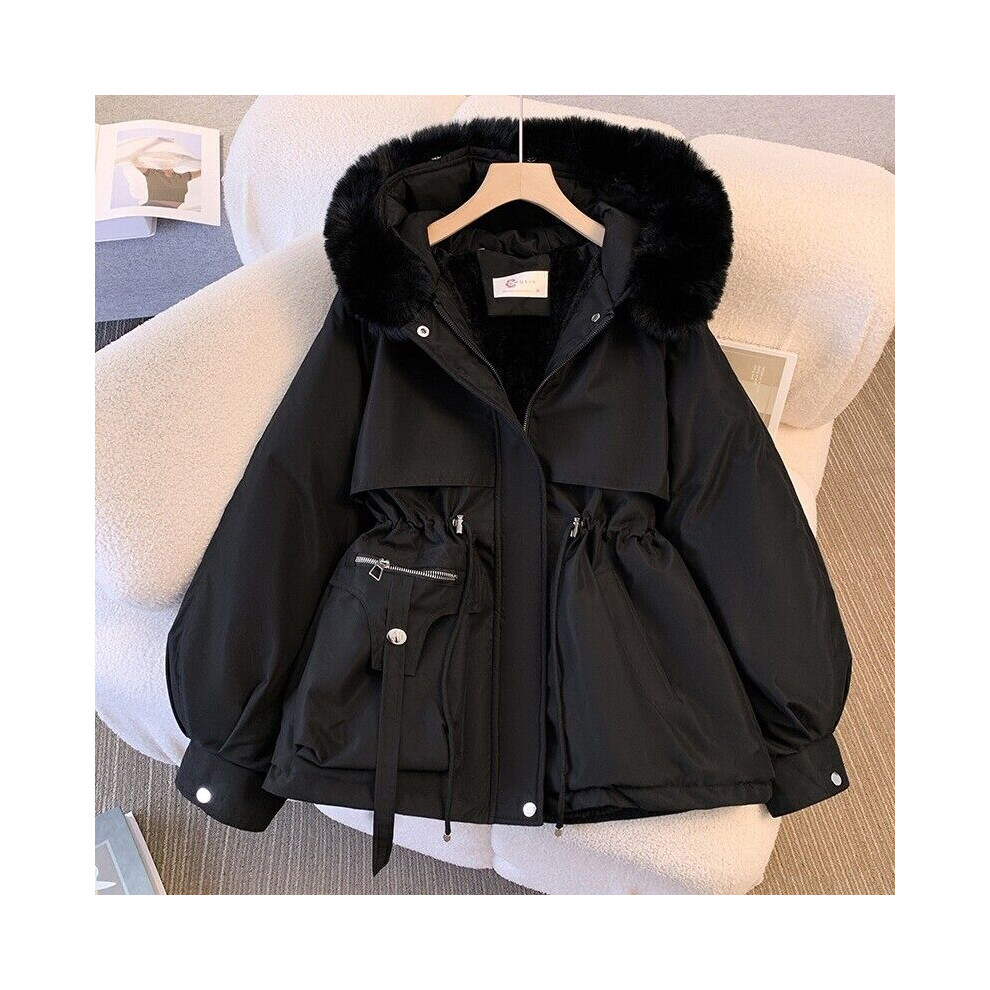 Femme Ã‰pais Faux Col Fourrure Capuche Veste Parka Hiver Thermique Polaire DoublÃ-XL-Noir