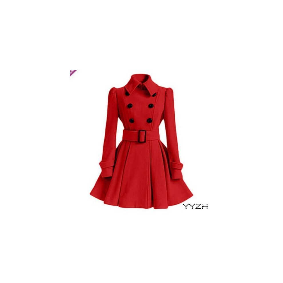 Veste longue femme double boutonnage coupe slim laine manteau ceinture trench coat neuf-Red-US M=Asian XL