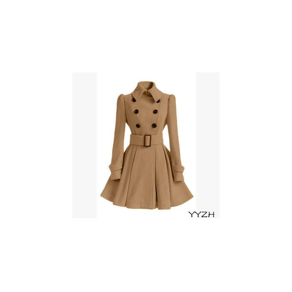 Veste longue femme double boutonnage coupe slim laine manteau ceinture trench coat neuf-Khaki-US L=Asian 2XL