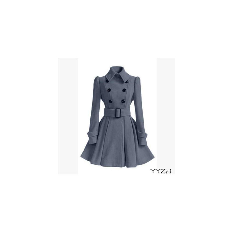 Veste longue femme double boutonnage coupe slim laine manteau ceinture trench coat neuf-Gray-US L=Asian 2XL
